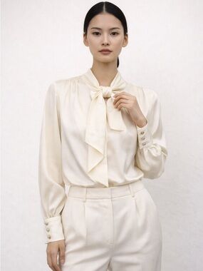 Zara Satin Tie Neck Blouse Ivory XS Quiet Luxury Bow Blouse Office Siren Chic